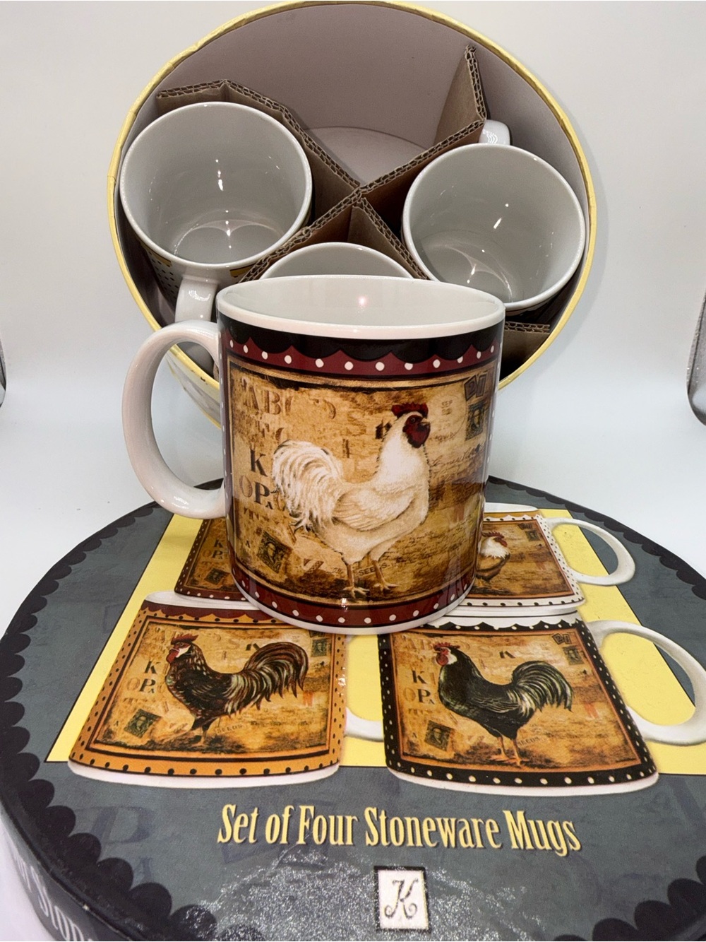 Sakura Rooster Stoneware Mugs - Cream, Brown, Black